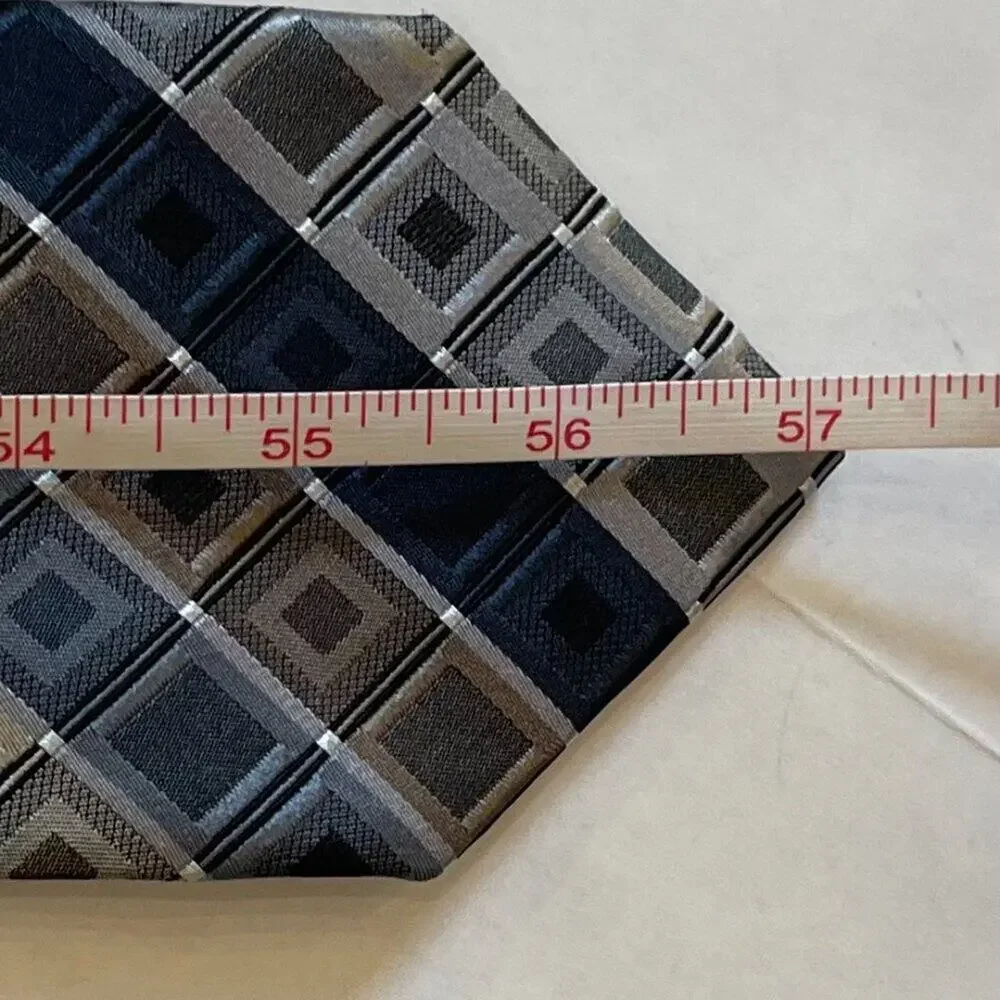 Kenneth Cole Silver, Gold, Black, Navy Silk Geometric Print Silk Tie 57